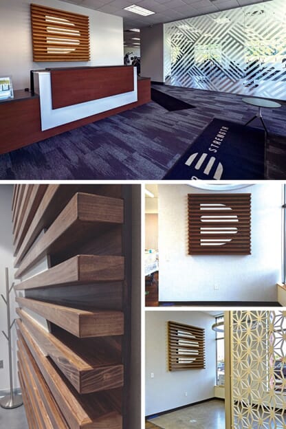 A collage of interior decor and branding signage.